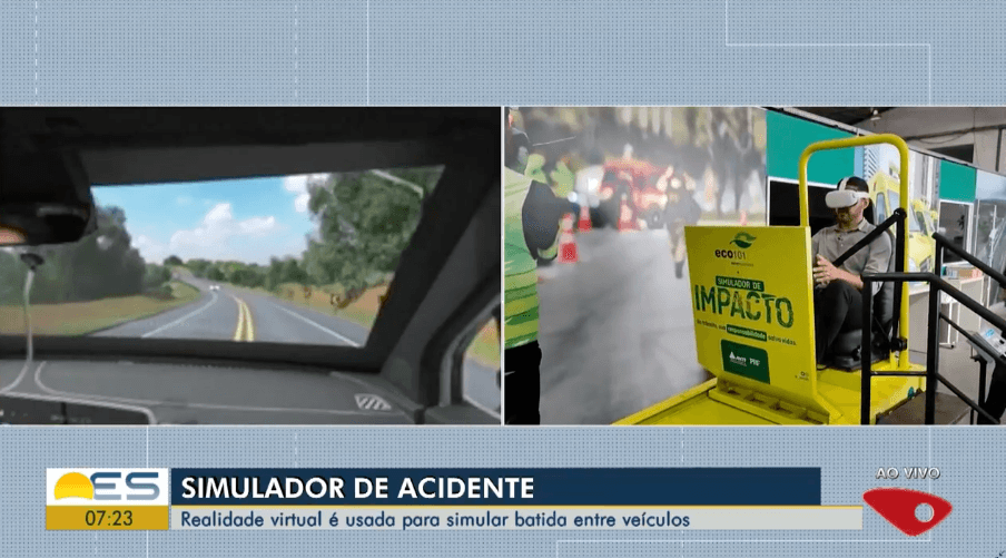 Montagem de reportagens de TV sobre o simulador de impacto da Oz